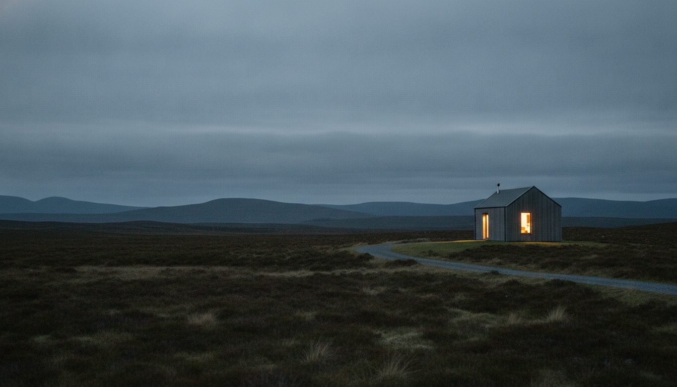 A lone bothy with a single lit window on open Scottish moorland at dusk